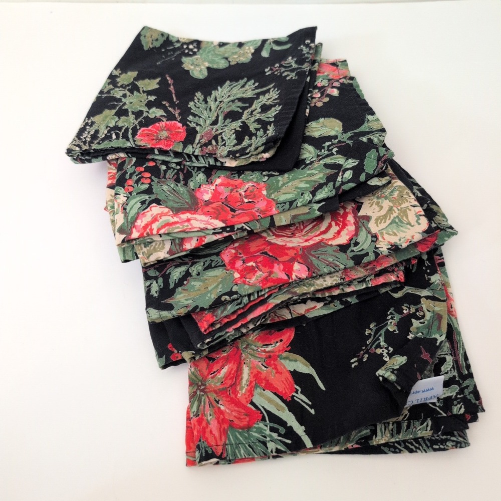 April Cornell  Floral Cotton Napkins Set of 15 Red Roses Botanical Cottagecore